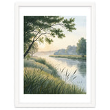Serene River Sunrise Watercolor Painting with Meadow Grasses and Warm Golden Atmosphere Landscape thumbnail