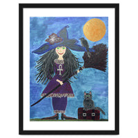 Cassandra, the Little Witch, with Merlin, the cat, and Circe, the Raven