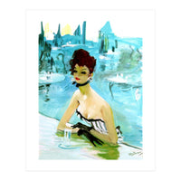 Pinup Girl In Cafe, Watercolor Painting (Print Only)