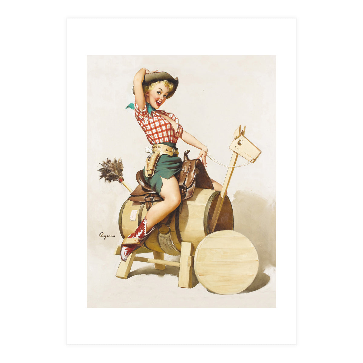 Pinup Cowgirl Riding A Wooden Horse Made Of Barrel (Print Only)