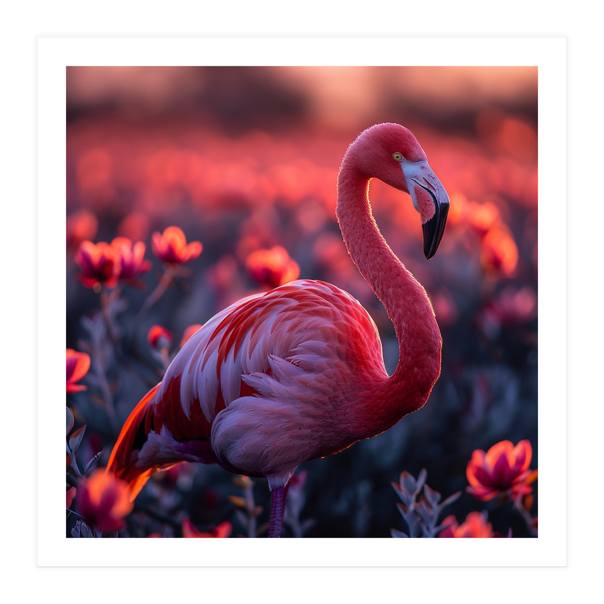 Pink Flamingo Bird Standing Among Flowers At Sunset (Print Only)