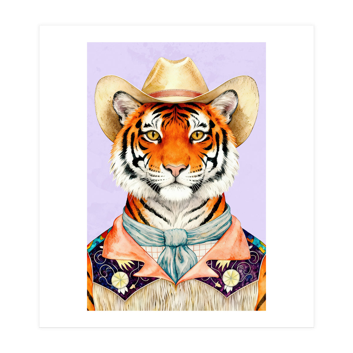 Tiger Portrait in Hat Wild Cowboy Fashion  (Print Only)