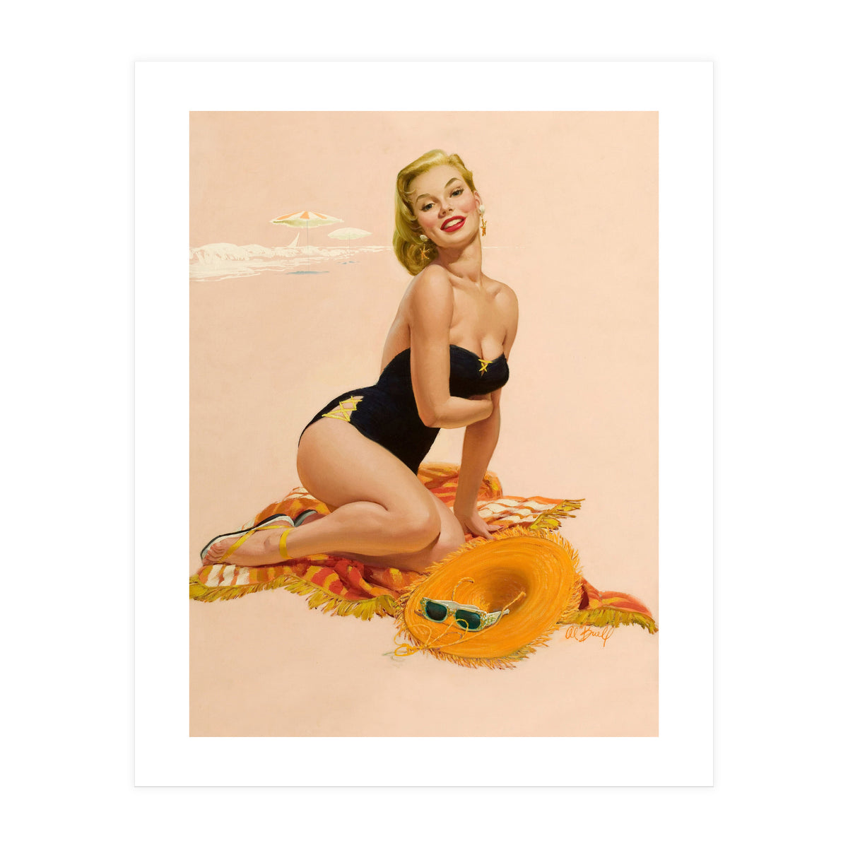 Pinup Woman Is Posing On A Beach (Print Only)