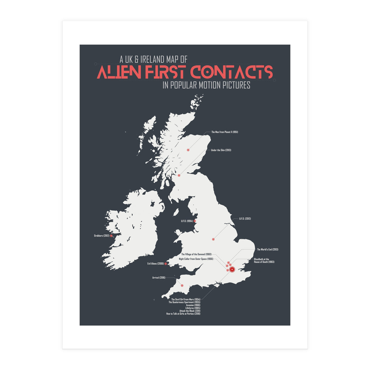 UK & Ireland Map of Alien First Contacts in Movies (Print Only)