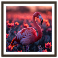 Pink Flamingo Bird Standing Among Flowers At Sunset