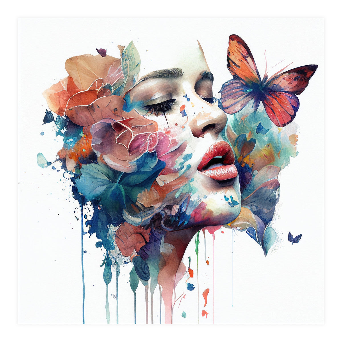 Watercolor Floral Woman Face #1 (Print Only)