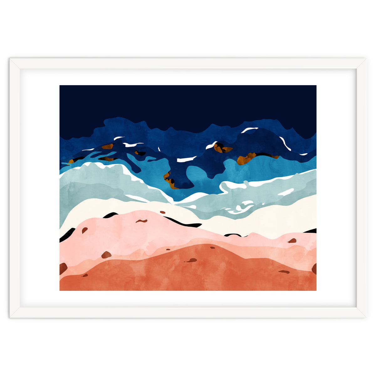 Ocean Heart, Abstract Sea Waves, Tropical Travel Watercolor Painting, Eclectic Bohemian Beach Nature