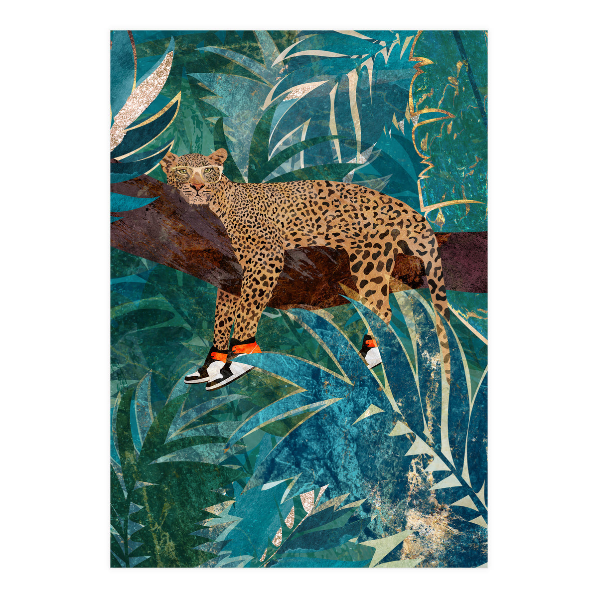 Leopard wearing shoes in the jungle (Print Only)