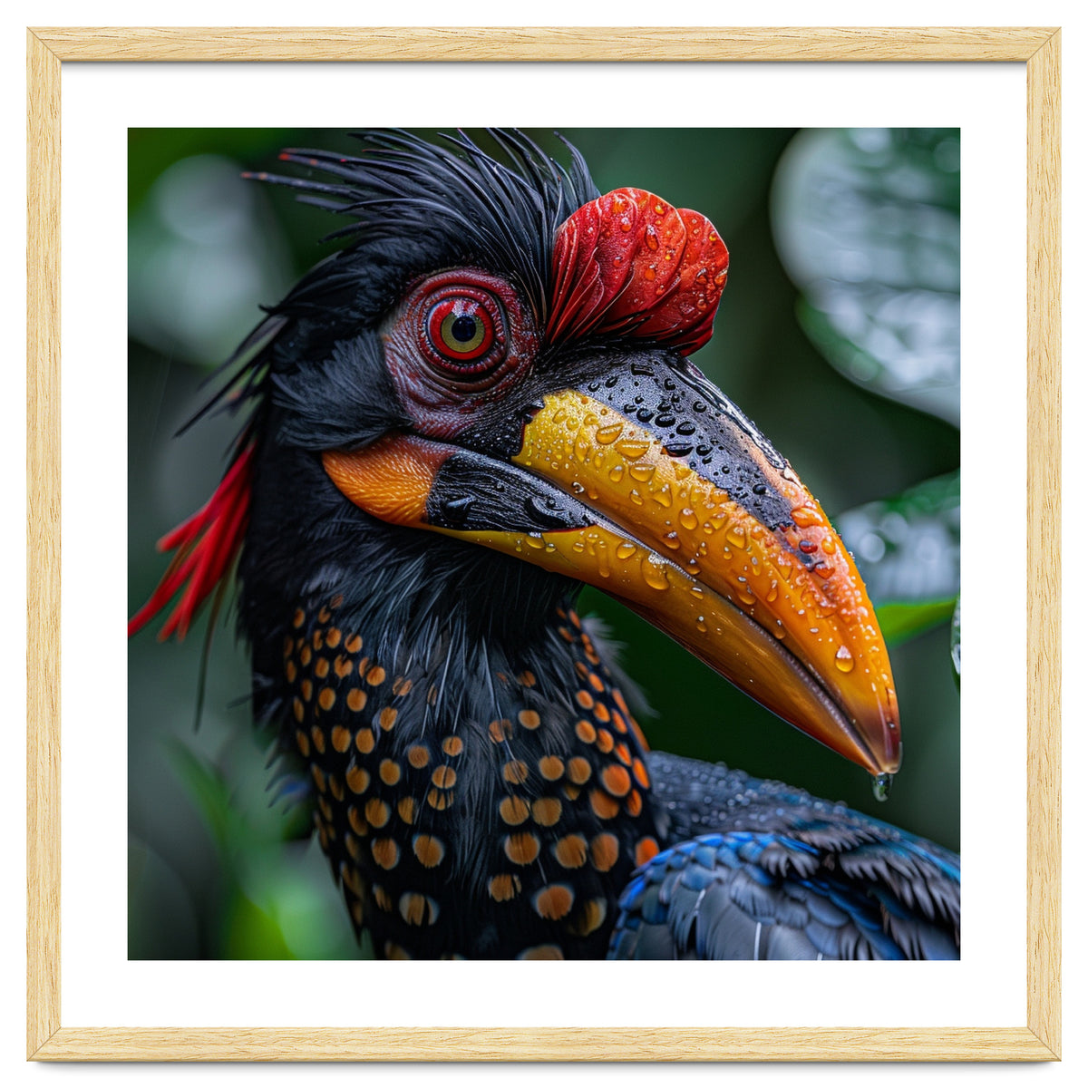 Close Up Of Helmeted Hornbill Bird In Rain