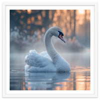 Serene White Swan Gliding On Misty Water