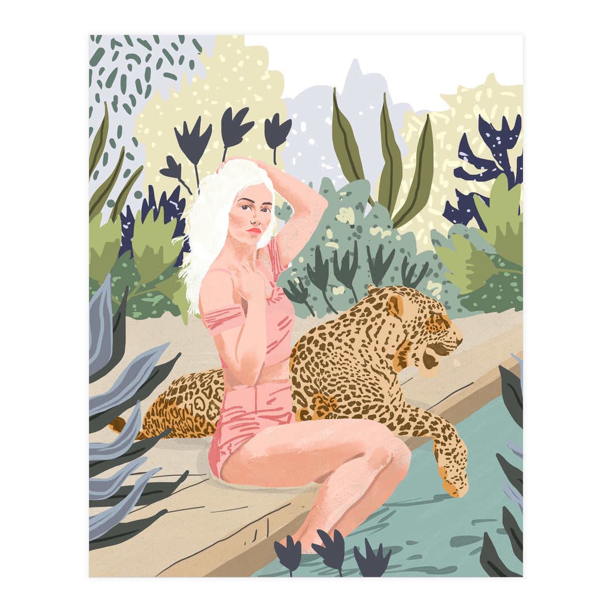 How to Train Your Leopard, Wild Cat Bohemian Woman Painting, Swimming Pool Bikini Summer Swim Animal (Print Only)