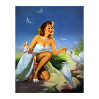 Beautiful Pinup Girl Feeding White Pigeons (Print Only)