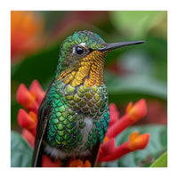 Close Up Of A Hummingbird On Red Flowers (Print Only)