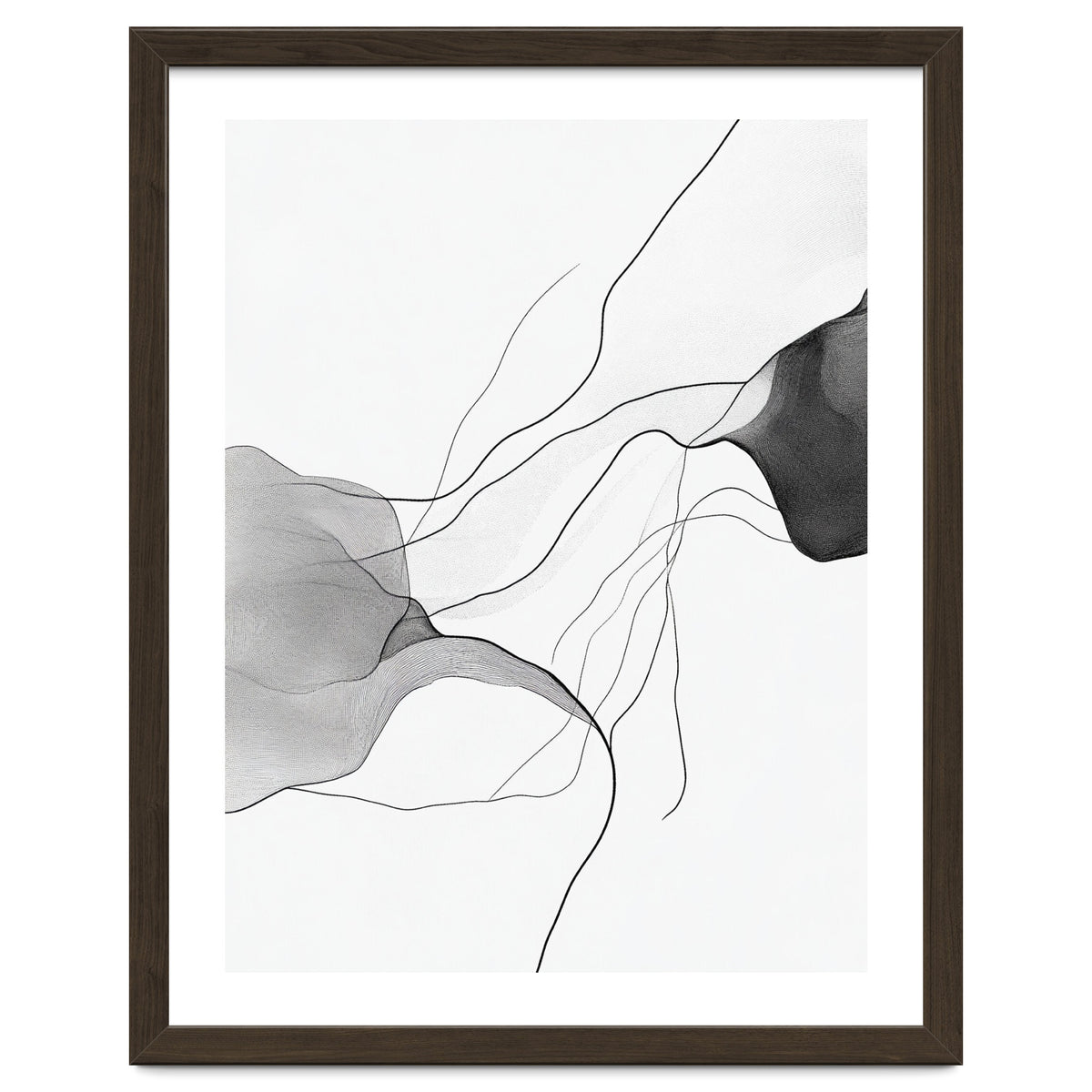 Abstract Black And White Flowing Lines And Shapes On White Background