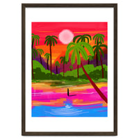 My Shadow & I, Sunset Painting Lake Beach Seashore, Tropical Nature Landscape Colorful Bohemian Traditional, Travel Concept Companion