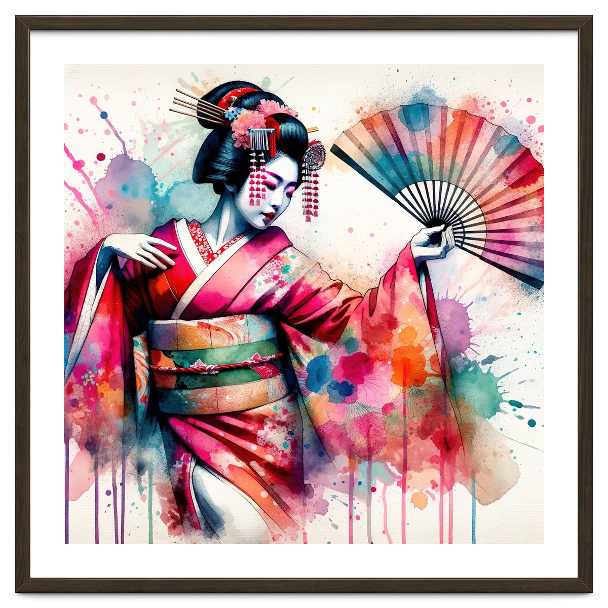 Vibrant Geisha With Rainbow Hand Fan