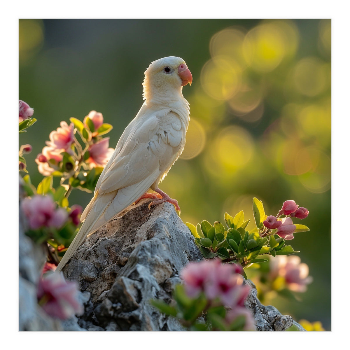 Albino Parrot Perched On A Rock Amongst Flowers (Print Only)
