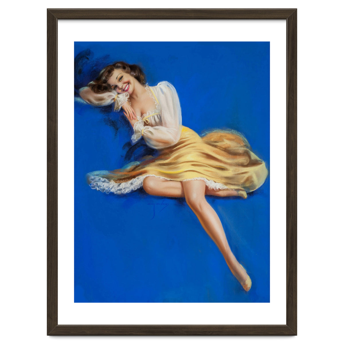 Pinup Girl Posing In Studio Over The Blue Background