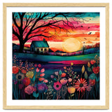 Watercolor Folk Art Sunset Landscape thumbnail