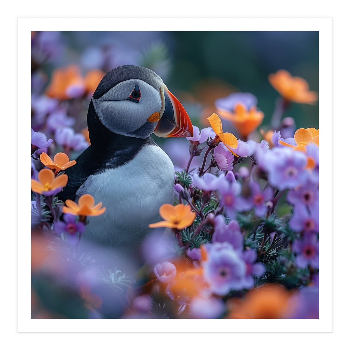 Puffin Bird Among Vibrant Purple And Orange Flowers (Print Only)