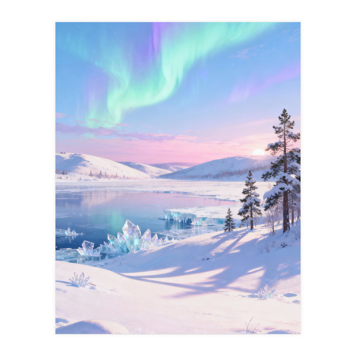 Northern Lights, Aurora Sky, Arctic Landscape, Aurora borealis, Snow Fall (Print Only)