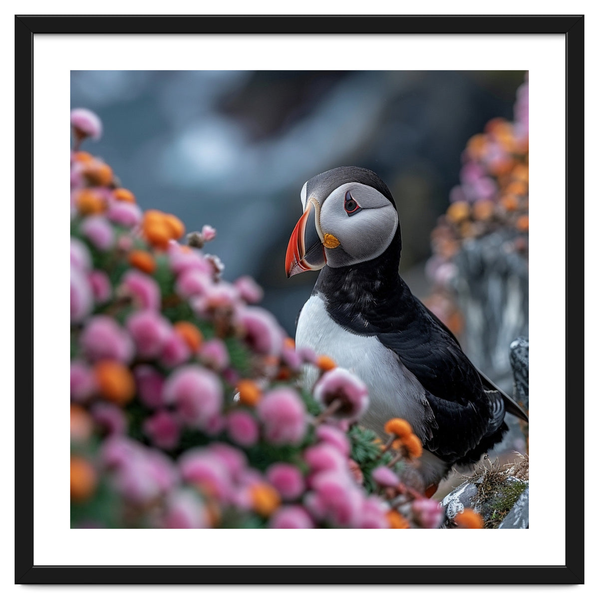 Puffin Bird Among Colorful Wildflowers In Bloom