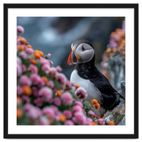 Puffin Bird Among Colorful Wildflowers In Bloom