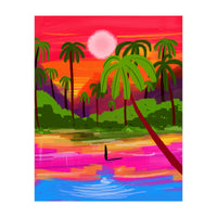 My Shadow & I, Sunset Painting Lake Beach Seashore, Tropical Nature Landscape Colorful Bohemian Traditional, Travel Concept Companion (Print Only)