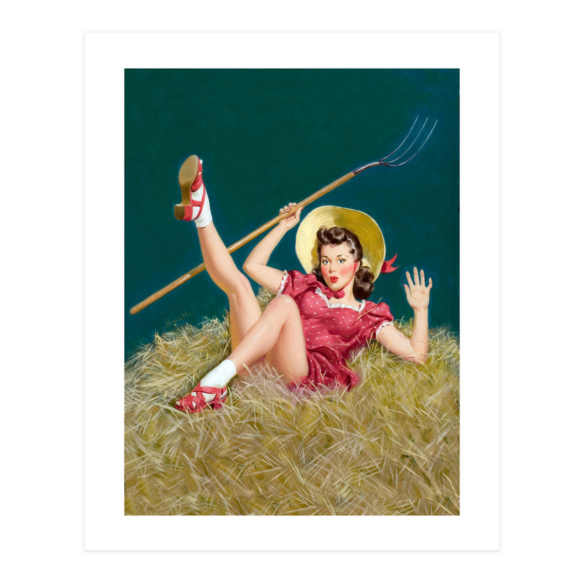 Pinup Sexy Girl Posing On A Hay With A Pitchfork (Print Only)