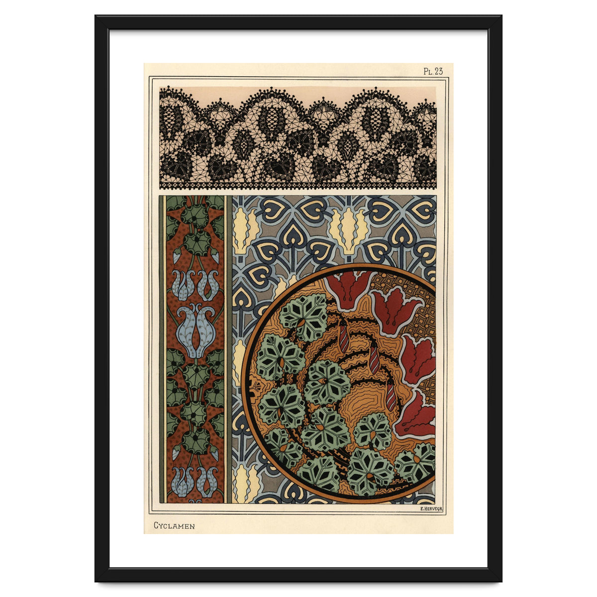 Cyclamen persicum motif in patterns for lace, wallpaper and fabric.