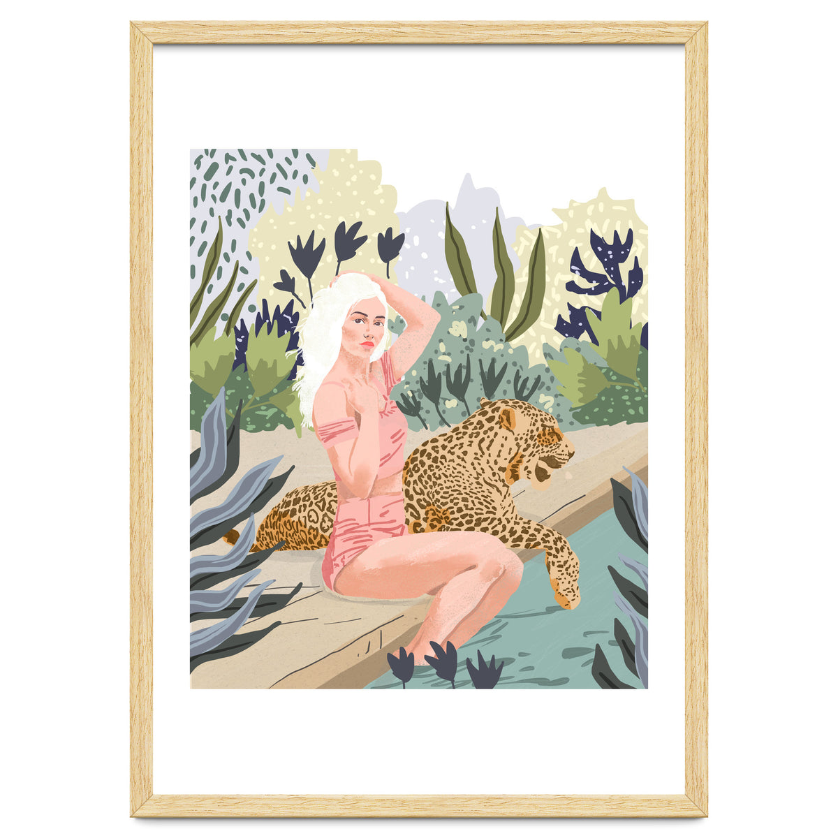 How to Train Your Leopard, Wild Cat Bohemian Woman Painting, Swimming Pool Bikini Summer Swim Animal