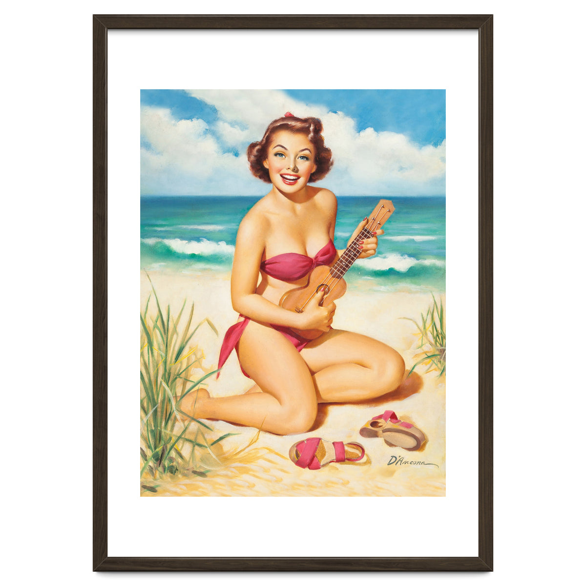 Pinup Girl Playing Ukulele On The Beach