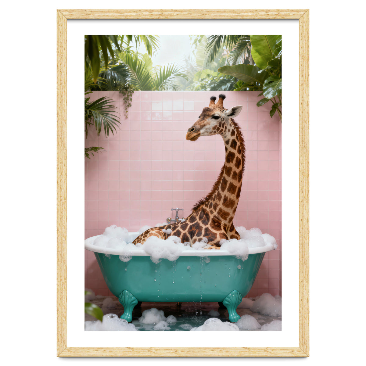 Giraffe in Bathtub, Whimsical Bathroom Art