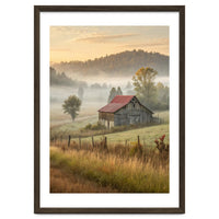 Rustic Red Roof Barn in Misty Morning Valley Landscape