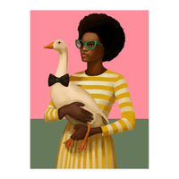 Stylish Woman Holding Goose In Striped Dress (Print Only)