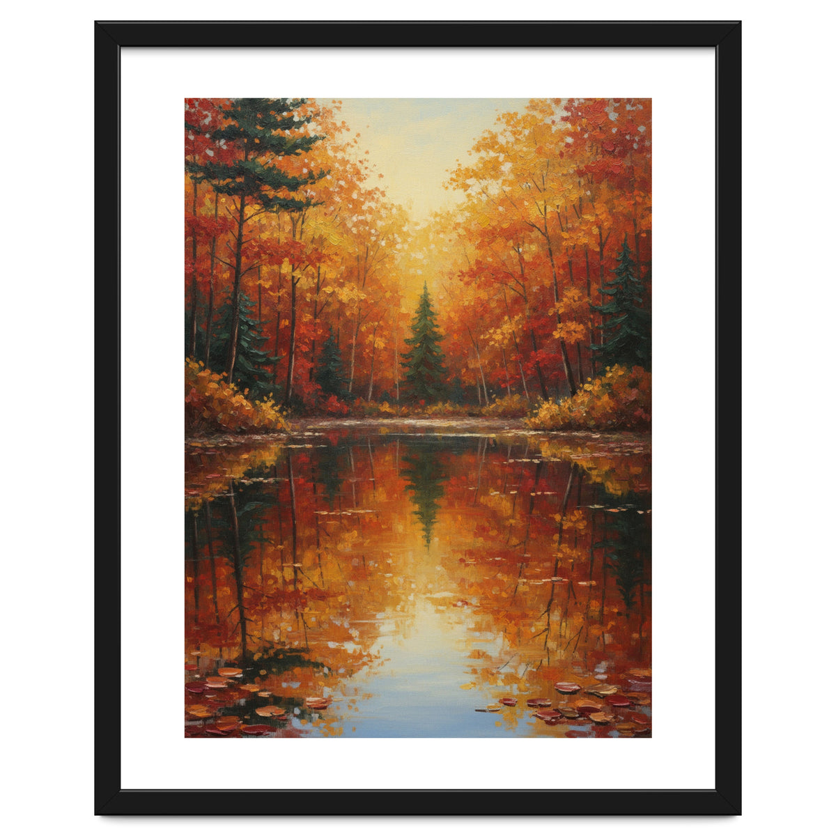 Golden Autumn Reflection: Impasto Forest Landscape