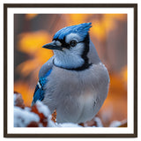 Blue Jay Bird In Winter Snowfall And Leaves thumbnail
