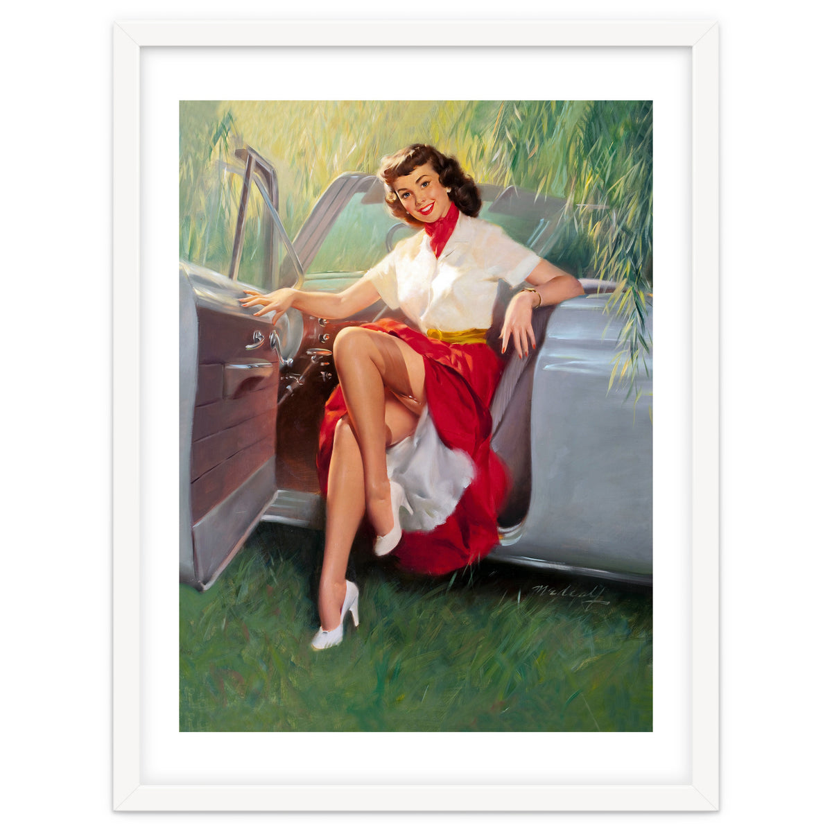 Sexy Pinup Woman Posing In Convertible Car