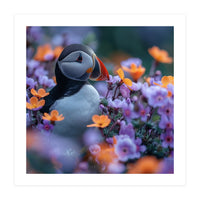 Puffin Bird Among Vibrant Purple And Orange Flowers (Print Only)