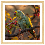 Green Parrot Perched On A Branch With Berries thumbnail