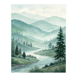 Serene Misty Mountain Valley Watercolor Painting (Print Only) thumbnail