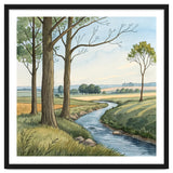 Pastoral Countryside Watercolor Painting with Winding Stream Meadows and Deciduous Trees Landscape thumbnail