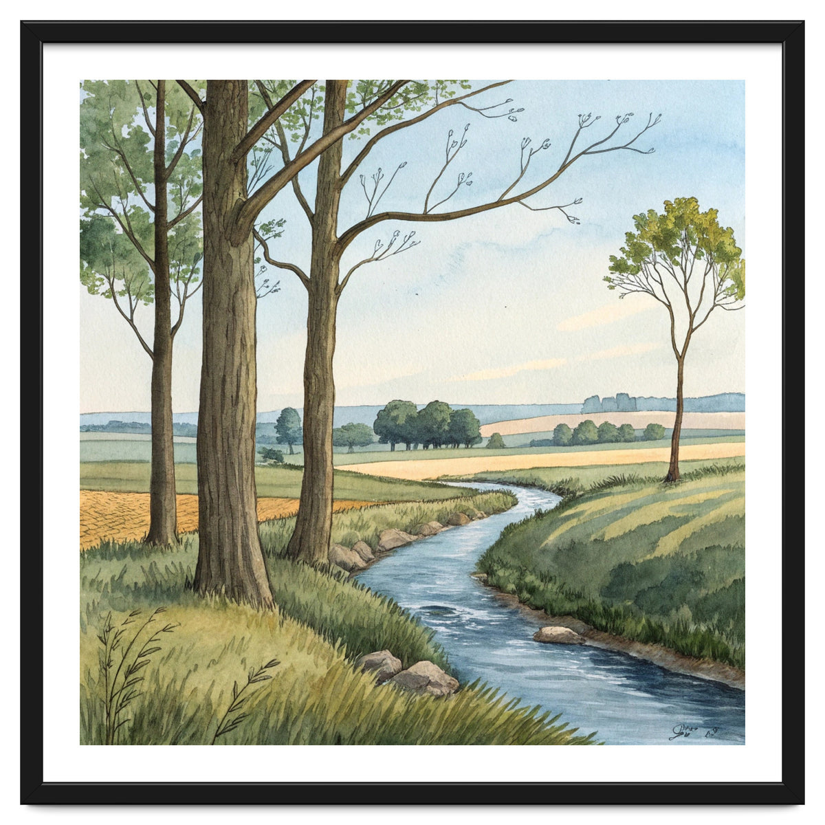 Pastoral Countryside Watercolor Painting with Winding Stream Meadows and Deciduous Trees Landscape