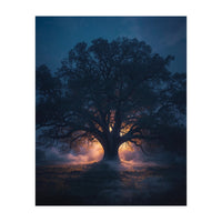 Ancient Mystical Oak Silhouette at Twilight with Ethereal Wisps (Print Only)