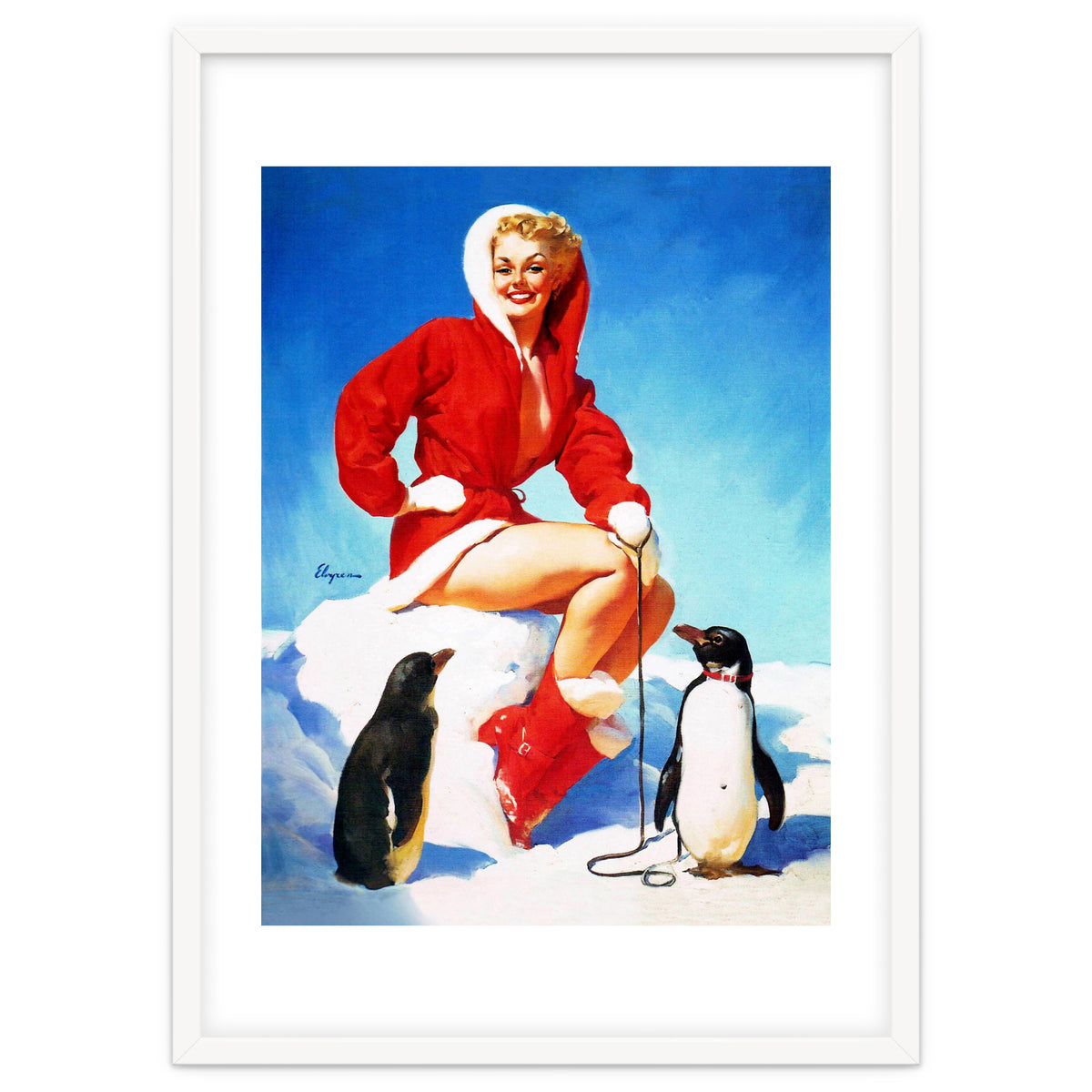 Pinup Sexy Woman Posing With Two Penguins