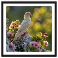 Albino Parrot Perched On A Rock Amongst Flowers