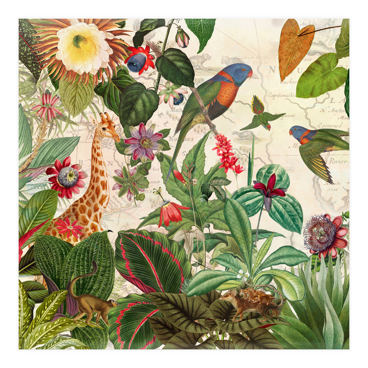 Exotic Lush Jungle And Wild Animals Landscape (Print Only)