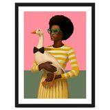 Stylish Woman Holding Goose In Striped Dress thumbnail