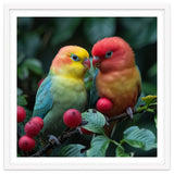 Lovebirds Perched Amidst Red Berries And Green Foliage thumbnail
