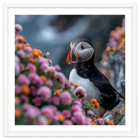 Puffin Bird Among Colorful Wildflowers In Bloom